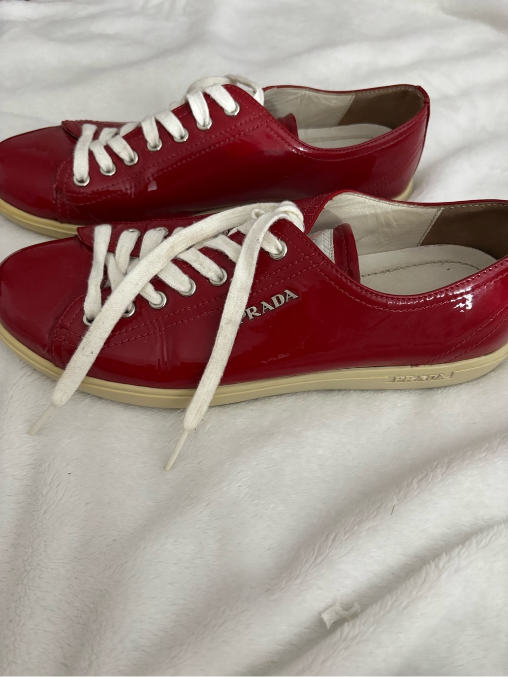 Prada Glossy Red Patent Leather Lace-Up Sneakers with White Laces